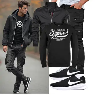 Elegant Outfit mit Schwarz/Khaki SportHose/Jogger Hose/Löcherne Hose/Cargo-JoggingHose/CargoHose/Capri GINGTTO "Freizeit Outfit"Look: Casual, Goa, Outdoor, Coole, Techno, Smart Casual, Hip Hop, Workwear, Trendige, Nahtlos, Streetwear, Unisex, Moderne, Sportlich, Elegant