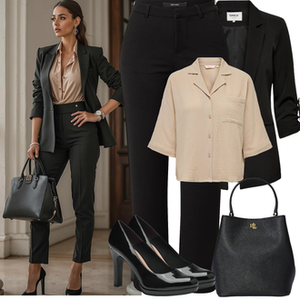 Regular Outfit sa Crna Poslovna Hlača/Hlače s 5 Džepom/Boyfriend Hlače/Bengalke Hlače/Hlača od Odijela/Ravna Hlača/Udobna Hlača/Jersey Hlača/Duga Hlača/Uske Hlača VERO MODA "Proljetni Outfit"