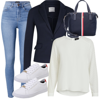 Outfit mit DunkelBlau/HellBlau/Blau Lederjacke/Blazerjacke/Blusenblazer/Boyfriend Blazer/Lässiger Blazer/Baumwoll ­Blazer/Eleganter Blazer/Strick­blazer/Kurzblazer/Sweatblazer/Lederjacke für Männer/Lederjacke VERO MODA "Modischer Sommer Look"