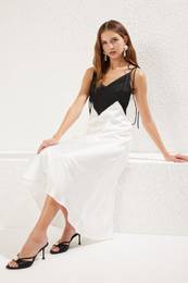 Black-White A-Line Satin Woven Midi Chic Dress