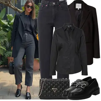 Outfit mit DunkelBlau/Lila/Rosa/Blau Mom Jean/Damen 7/8-Länge Jeans/Sportschuhe/Dad Jeans/High Waist Jeans/Formelles Hemd/Tapered-Jeans/Thermojeans/Wide Leg Jean/Winterjacke VERO MODA "Frühling outfit"