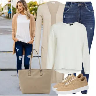 Outfit s Krémová/Bílá Halenkový Top/Halenka s Dlouhým Rukávem/Slip-on Halenka/Halenka se Stojatým Límcem/Kožená bunda pro muže/Crash blůza/Dětská hračka/Sportovní Halenka/Mušelínová Halenka/Blůza s nášivkou na lokti Object "Praktický vzhled"