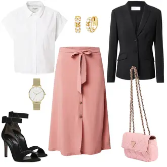 Elegant Outfit mit Rosa Short Große Größe/Kleid Große Größe/60er Jahre Rock/A-Linien-Rock/Wadenlanger Rock/Ausgestellter Rock/Knielanger Rock/Midirock/Moderne Rock/Standesamt Rock About You "Femininer Businesslook"Look: A-linie, Uni, Fließende, Babydoll, Business, Elegant, Mom, Old Money, Overdressed, Trachten, 70er, Classic, 60er