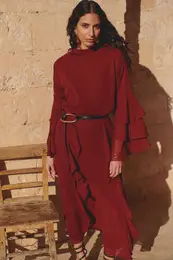 X AI Burgundy Ruffle Sleeve Chiffon Tunic