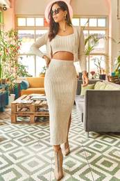 Women's Stone 3 Piece Thick Ribbed Knitwear Suit