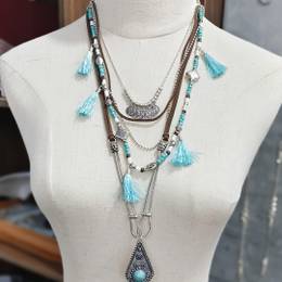 1pc Bohemian Layered Tassel Necklace - Vintage-inspired Long Sweater Chain With Geometric Pendants & Turquoise Beads, Beach Vacations, Casual &