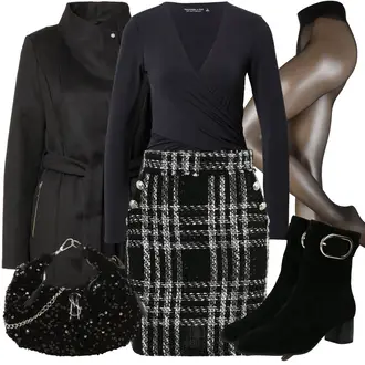 Outfit mit Schwarz/Gelb/Weiß/Braun Short Große Größe/Strick Große/Boucle Rock/Hahnentritt Rock/Karierter Rock/Tweed Rock/Winterröcke wallis petite "Business Look"