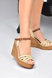 Women's Beige Linen Wedge Heeled Shoes