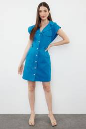 Indigo Button Detailed Gabardine Mini Woven Shirt Dress