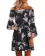 YOINS Damen Sommerkleider Lange Ärmel Schulterfrei Eelegant Sexy Blumenmuster Kurzes Strandkleid schwarz M/EU40-42,M/EU40-42,Schwarz