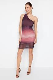 Multicolor Limited Edition Gradient Printed Ruffle/Drape Detailed Mini Knitted Pencil Dress