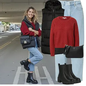Outfit s Červená/Hnědá/Tmavě červená Basic Svetr/Svetr s copánkovým vzorem/Svetr Carmen/Kašmírový Svetr/Crop Svetr/Svetr z Jemné Pleteniny/Kašmírový Svetr/Pletený Svetr/Svetr s Kulatým Výstřihem/Jednoduchý Svetr/Zimní Svetr/Vlněný Svetr About You "Perfektní na jaro"