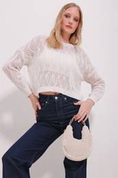 Trend Alaat Stili Women's Cream Crew Neck Openwork Sweater