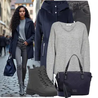 Outfit mit Dunkelblau Übergangsmantel/Wollfleece Mantel/Wintermantel Wollmantel/Fleecemantel/Strickfleece Mantel/Lodenmantel/Kapuzenmantel/Mantel mit Reißverschluss/Scuba-Mantel/Duffle Mantel S.Oliver "Schickes Herbst Outfit"