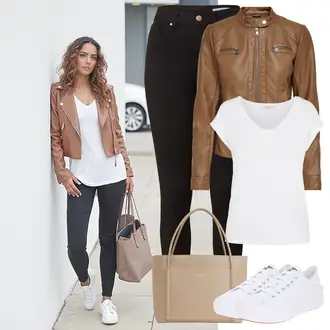 Winter Outfit mit Schwarz/Bordeaux Lederjacke/High Waist Legging/High Waist Hose/Jeggings/Push up Hose/Skinny Hose/Treggings/Biker Jeans/High Waist Jeans/Push up Jeans/Cuir Chaussures/Thermojeans/Winterjacke VERO MODA "Frühlingsoutfit"