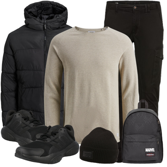 Winter Outfit mit Schwarz/Khaki/Dunkelgrau CargoHose/FunktionsHose/Zip Off Hose/Cargo-JoggingHose/TrekkingHose/WinterHose Jack & Jones "Freizeit Outfit"