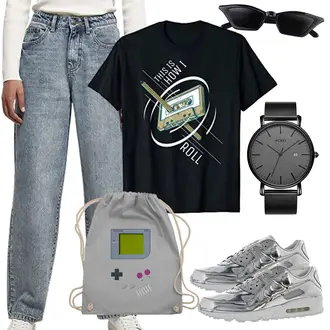 90er Outfit mit Grau/Hellgrau/Silber Mannstasche/Sportrucksack/Mini-Rucksack/Baumwoll Tasche/Stofftasche/Beuteltasche/Wasserdichte Tasche/Notebook Tasche/Handytasche/Tragetasche/Diabetiker-Tasche Shirtracer "Cooles 90er Jahre Outfit für Damen"Look: Uni, Nerd, Retro, 90er, 80er, Steampunk