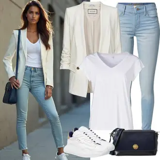 Outfit sa Svjetloplava Kožna Jakna/Trenerke Traperice/Push-up Traperice/Traperice s Prorezom/Kožne Cipele/Bikerske Traperice Dr. Denim "Stilski uredski izgled"