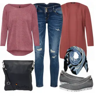 Outfit mit Dunkelrot/Rosa/Lila/Bordeaux 3/4 Bluse/Klassische Tunika/Elegante Tunika/ausgefallene tunika/Festliche Tunika/Lederjacke/Tuniken-Shirt/Bluse Große Größe/Tunika Only "Schönes Frühlings Outfit"