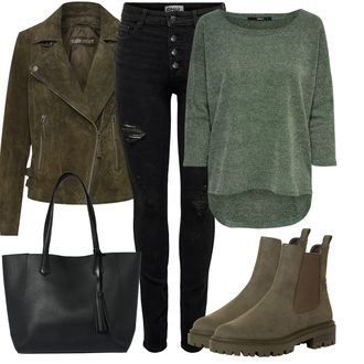 Punk Outfit mit Schwarz Lederjacke/Biker Jeans/High Waist Jeans/Jeans mit Schlitz/Jeans mit Loch/Push up Jeans/Lederjacken Only "Freizeit Outfit"Look: Uni, Coole, Französische, Outdoor, Punk, Nahtlos, Techno