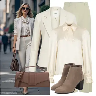 Elegant Outfit met wit/beige/Gouden StrikBlouse/Zijden Blouse/Satijnen Blouse/Blouse met Pofmouw/Blouse met Strik Freebird "Lichtgewicht Outfit"Look: Prachtige, Glans, Jaren 20, 70s, Klassiek, Elegant, Glamoureus, Preppy, Vintage