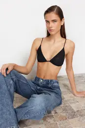 Black Tulle Rope Strap Non-wired Cupless Triangle Knit Bra