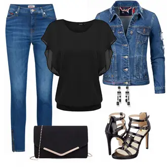 Elegant Outfit mit Schwarz Transparente Bluse/Offene Bluse/Bluse/VolantBluse/Bluse Oberteil/KurzarmBluse Zeagoo "Tommy Jeans"Look: Stil, Casual, Edel, Mom, Coole, Elegant, Old Money