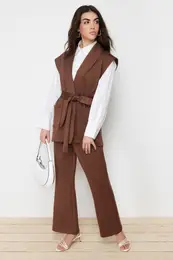Brown Belted Diver/Scuba Vest Pants Knitted Bottom Top Set