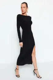 Black Boat Neck Backless Slit Fitted Maxi Flexible Knitted Dress