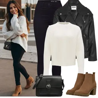 Winter Outfit mit Schwarz/Dunkelblau Lederjacke/Cord Legging/Jeans Leggings/High Waist Legging/Jeggings/Strick Legging/Gefütterte Leggings/Geformte Legging/Lederjacke/Treggings/Warme Leggings/Biker Jeans/High Waist Jeans/Push up Jeans/Cuir Chaussures/Thermojeans/Winterjacke Noisy may "Frühling outfit"