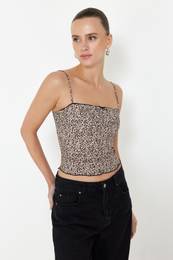 Brown Leopard Printed Strappy Crop Super Stretch Knitted Blouse