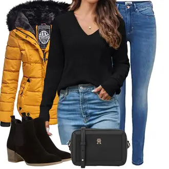 ohne Verschluss Outfit mit Schwarz/Blau Leder Stiefelette/Gefütterte Stiefelette/Sommerstiefelette/Chelsea Boot Tamaris "Winter Outfit"
