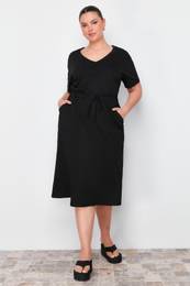 Curve Black Waist Elastic Detailed Midi 100% Cotton Knitted Dress