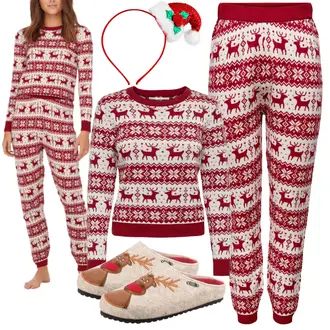 Outfit mit Rosa/Rot/Dunkelrot Strick Große/Weihnachtspullover/Jacquard Pullover/Norweger Pullover/Norweger Pullover/Pullover Bedrucken/Winterpullover/Wollpullover Only "Bequemes Winter Outfit mit Hausschuhen"