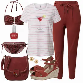Outfit mit Rot/Bordeaux/Dunkelrot Bandeau-Bikinitop/Balconette-Bikini/Balconette-Bikinitop/Bandeau-Bikini/Bustier Bikini/Herren Leder Gürtel/Push-Up-Bikinitop About You "Sommerliches Freizeit Outfit"