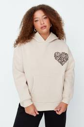 Curve Beige Printed Hooded Thick Raised Knitted Sweatshirt