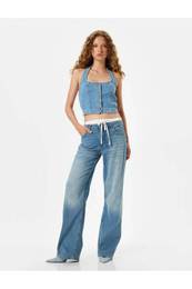 Wide Leg Jeans Double Waist Detail Cotton - Straight Fit Jeans