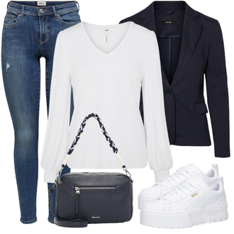 Outfit mit DunkelBlau/HellBlau/Blau Lederjacke/Blazerjacke/Blusenblazer/Boyfriend Blazer/Lässiger Blazer/Baumwoll ­Blazer/Eleganter Blazer/Strick­blazer/Kurzblazer/Sweatblazer/Lederjacke für Männer/Lederjacke VERO MODA "Modisches Freizeit Outfit"