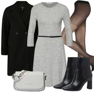 Winter Outfits Mit Gürtel Knielang mit Grau/Hellgrau 3/4 Arm Kleid/Kleid Mit Gürtel/Blazer Kleid/Business Kleid/Kleid mit Tasche/Fit & Flare Kleid/Strickkleid/SkaterKleid/Pulloverkleid/Tweed Kleid/Winter Strickkleid About You "Elegantes Winter Outfit"