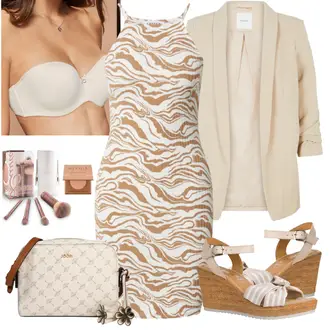Lagenlook Jersey Outfit mit Beige/Weiß/Orange/Rot Bodycon-Kleid/Neckholder Kleid/Hochgeschlossenes Kleid/JerseyKleid/Bedrucktes Kleid/Ärmelloses Kleid Edited "Schöner Sommer Look"Look: Rad, Extravagante, Burlesque, Disco, Jazz, Lagenlook, Overdressed, Nahtlos, Mit Transparent, Uni