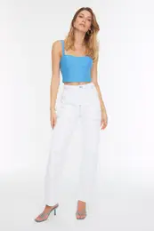 White High Waist 90's iroke kavbojke z nogami s podrobnostmi ivanja