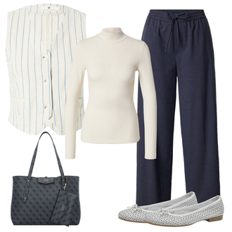 Eleganten, Priložnostne outfit mit Temno modra/Siva/Temno siva/Modra Nakupovalna torba/Poslovna torba/Vrečka za prenašanje/Torba za čez ramo/Pisarniška torba/Torba za čez ramo/Nakupovalka Guess "Pomladna oprava"Look: Burleska, Eleganten, Kul, Mom, Lepo, Pisarna, Premij