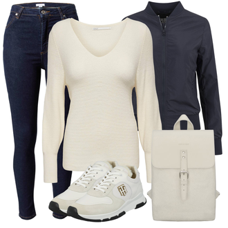 Outfit mit Dunkelblau/Blau Lederjacke/Cropped Jeans/High Waist Jeans/Push up Jeans/Cuir Chaussures/Thermojeans/Winterjacke warehouse "Outfit Für Den Frühling"
