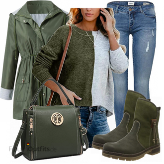 Outfit mit DunkelGrün/Grün Winter Stiefelette/Chelsea Boot/GummiStiefelette/Wasserdichter Stiefel/Stiefel Mit Reißverschluss/Gefütterte Stiefelette/Biker Boot/Lederjacke Rieker "Herbst Outfit für den Alltag"