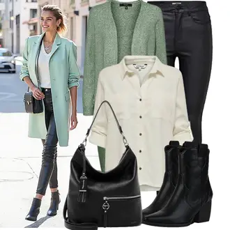 Boho Outfit mit Schwarz/Dunkelgrau/Grau/Braun Tragetasche/Schulranzen/Schultertasche/Schultertasche Tamaris "Leichtes Outfit"Look: Uni, Feine, Lack, Schick, Gothic, Boho, Waage, Elegant, Metal, Edel, Bohemian