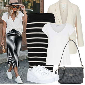 Elegantan, Sportski Ljeto Outfit sa Bijela/Krem Majica/Obični top/Zamotana Majica/Majica s vodopadnim izrezom/Ležerna majica/Košulja top Pieces, Bijela Niska Tenisica/Tenisica s platformom/Kožna tenisica/Tanka tenisica Adidas Originals "Proljetni Outfit"Look: Običan, Disko, klasický, Rad, Elegantan, Skater, Bad Taste, Hip Hop, Unisex, Estetika, Sportski