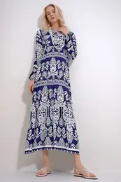 Trend Alaat Stili Women's Navy Blue Robe Button Detailed Flounce Patterned Woven Viscose Dress