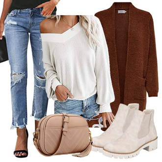 Off Shoulder Outfit mit Grau/Khaki/Weiß Oversize Bluse/Offene Bluse/Crash­Bluse/Bluse Oberteil/Bluse/Sportliche Bluse/LangarmBluse/SchlupfBluse/Einfarbige Bluse Dreamskull "Perfekt Für Den Herbst"