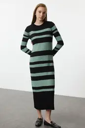 Black Khaki Color Block Ribbed Knit Sweater Dress