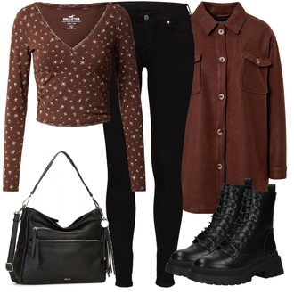 Outfit mit Braun/Dunkelbraun/Dunkelrot/Rot/Bordeaux Wolljacke/Shirtjacke/Cordjacke/Nachhaltige Jacke/Herbstjacke/Lodenmantel/Wintermantel Wollmantel/Vintage Mantel/Wollfleece Mantel/Übergangsmantel Pieces "Cooles Herbst Outfit"